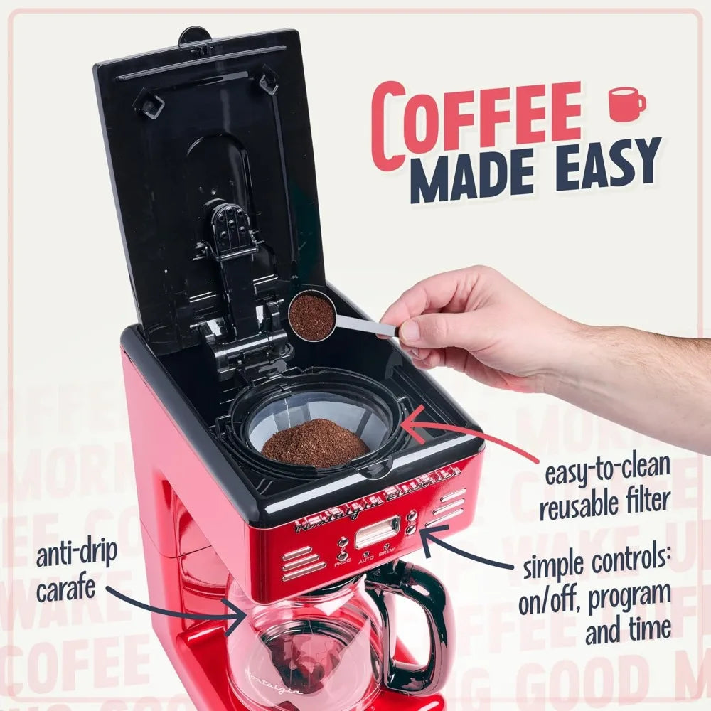 Retro 12-Cup Programmable Coffee Maker With LED Display, Automatic Shut-Off & Keep Warm, Pause-And-Serve Function, Red