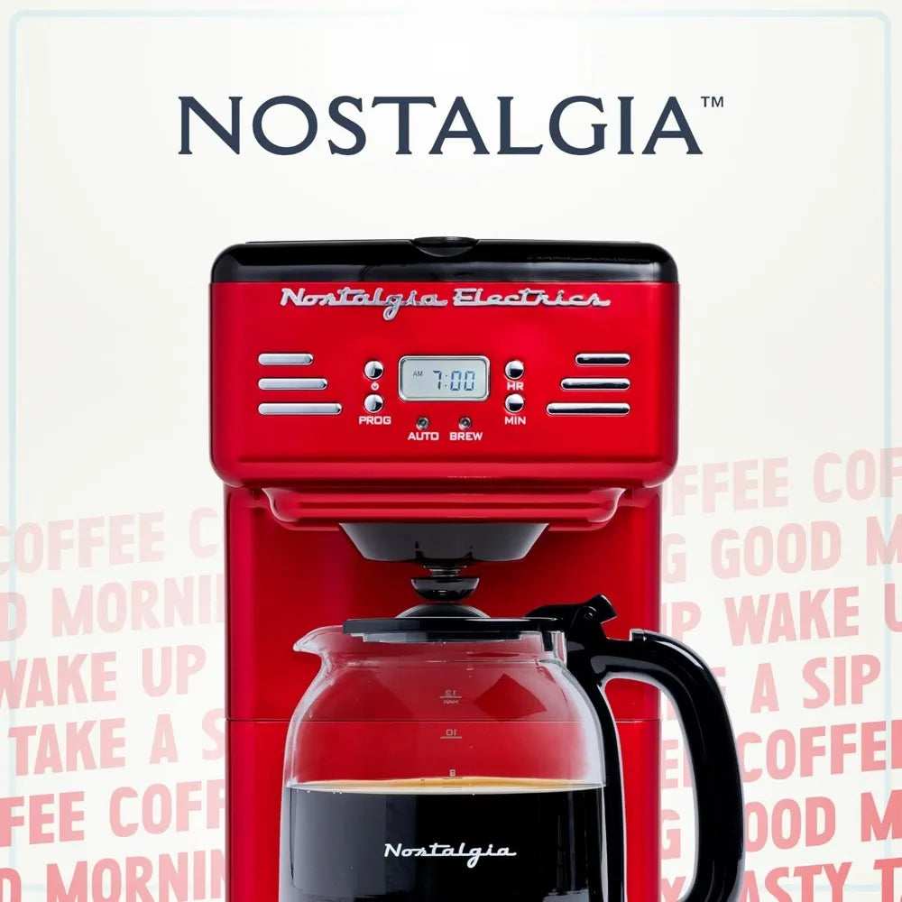 Retro 12-Cup Programmable Coffee Maker With LED Display, Automatic Shut-Off & Keep Warm, Pause-And-Serve Function, Red