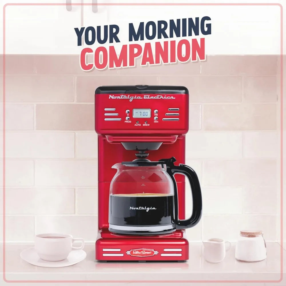 Retro 12-Cup Programmable Coffee Maker With LED Display, Automatic Shut-Off & Keep Warm, Pause-And-Serve Function, Red