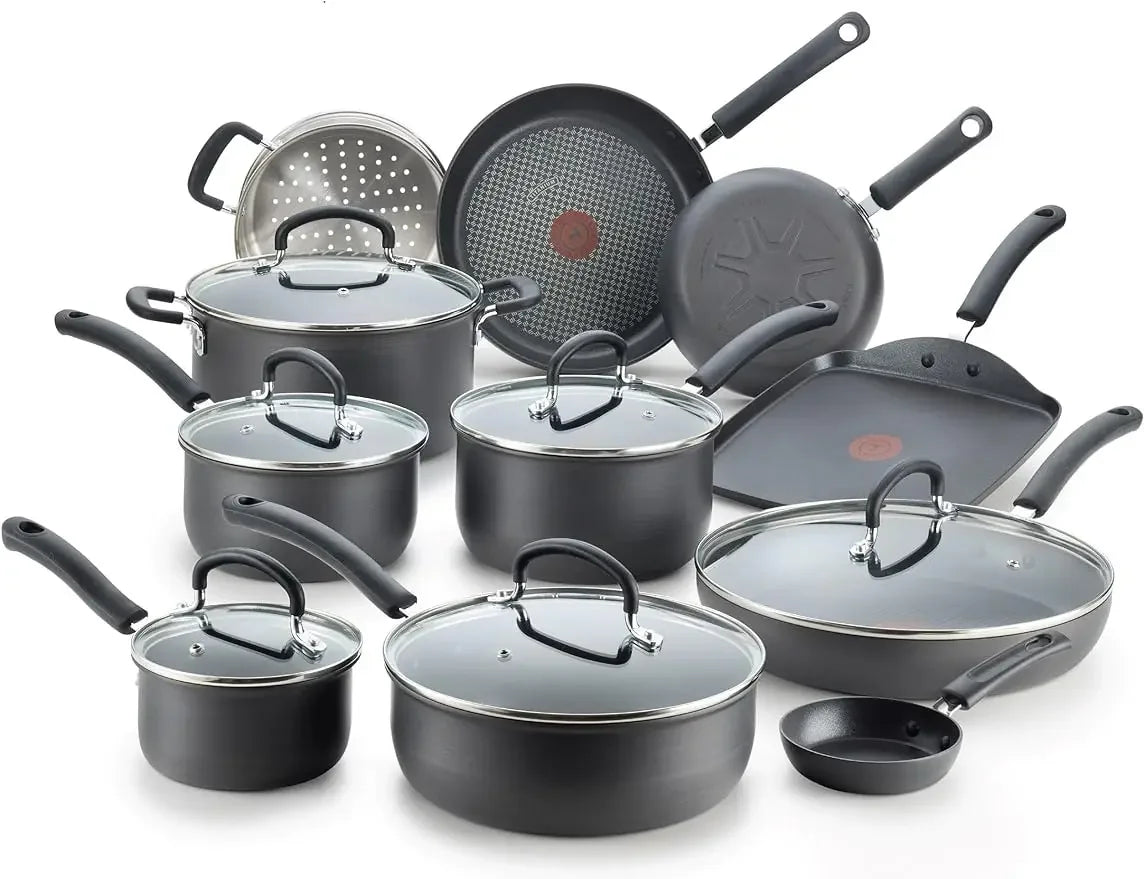 T-fal Ultimate Hard Anodized Nonstick Cookware Set 17 Piece Oven Safe 400F, Lid Safe 350F Pots and Pans, Dishwasher Safe Black